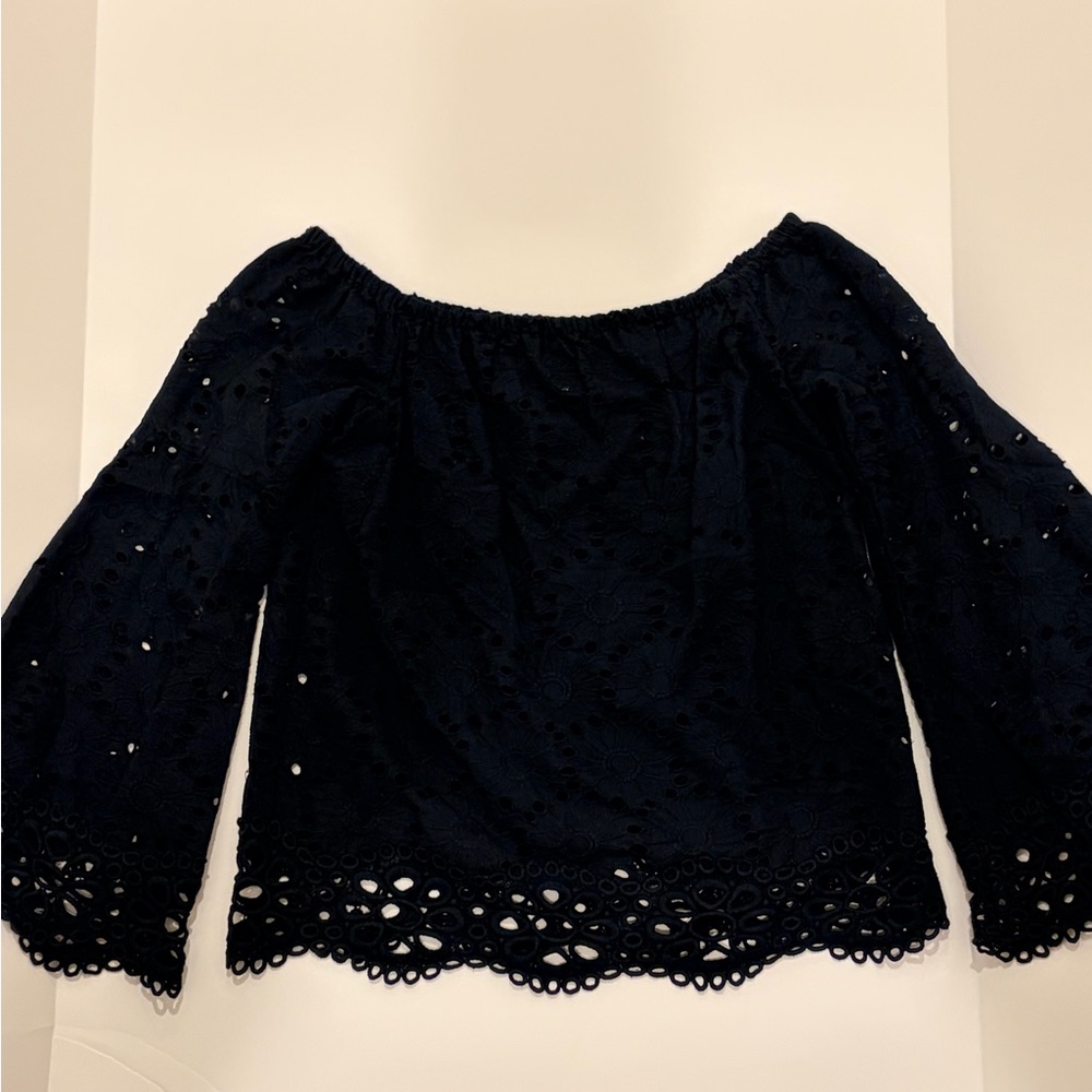 Bailey 44 Black Sunflower lace Blouse with bell sleeves scalloped hem